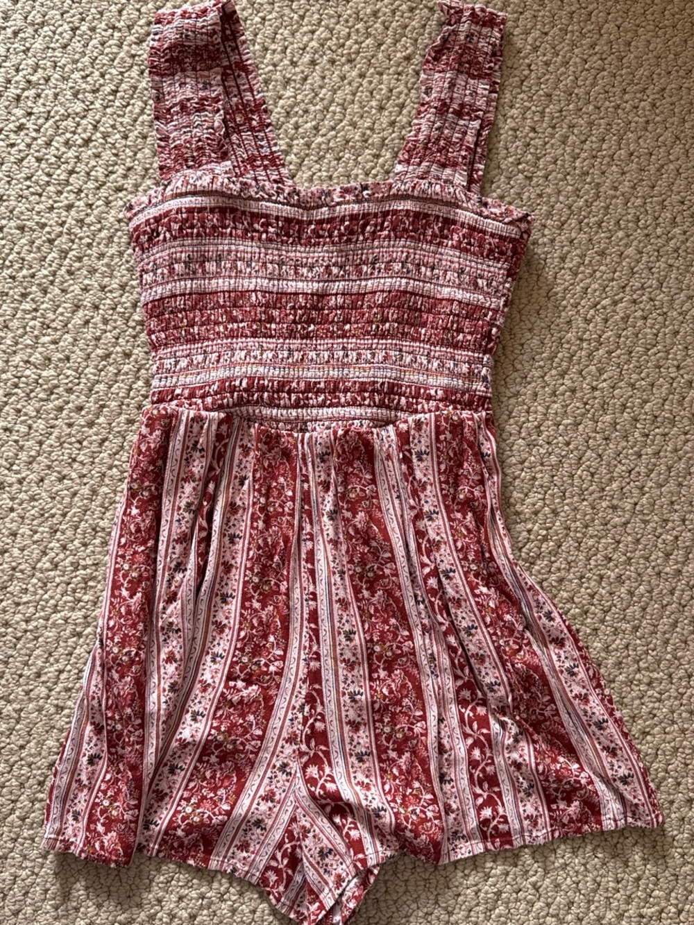 American Eagle Outfitters Red and White Floral Smocked Romper